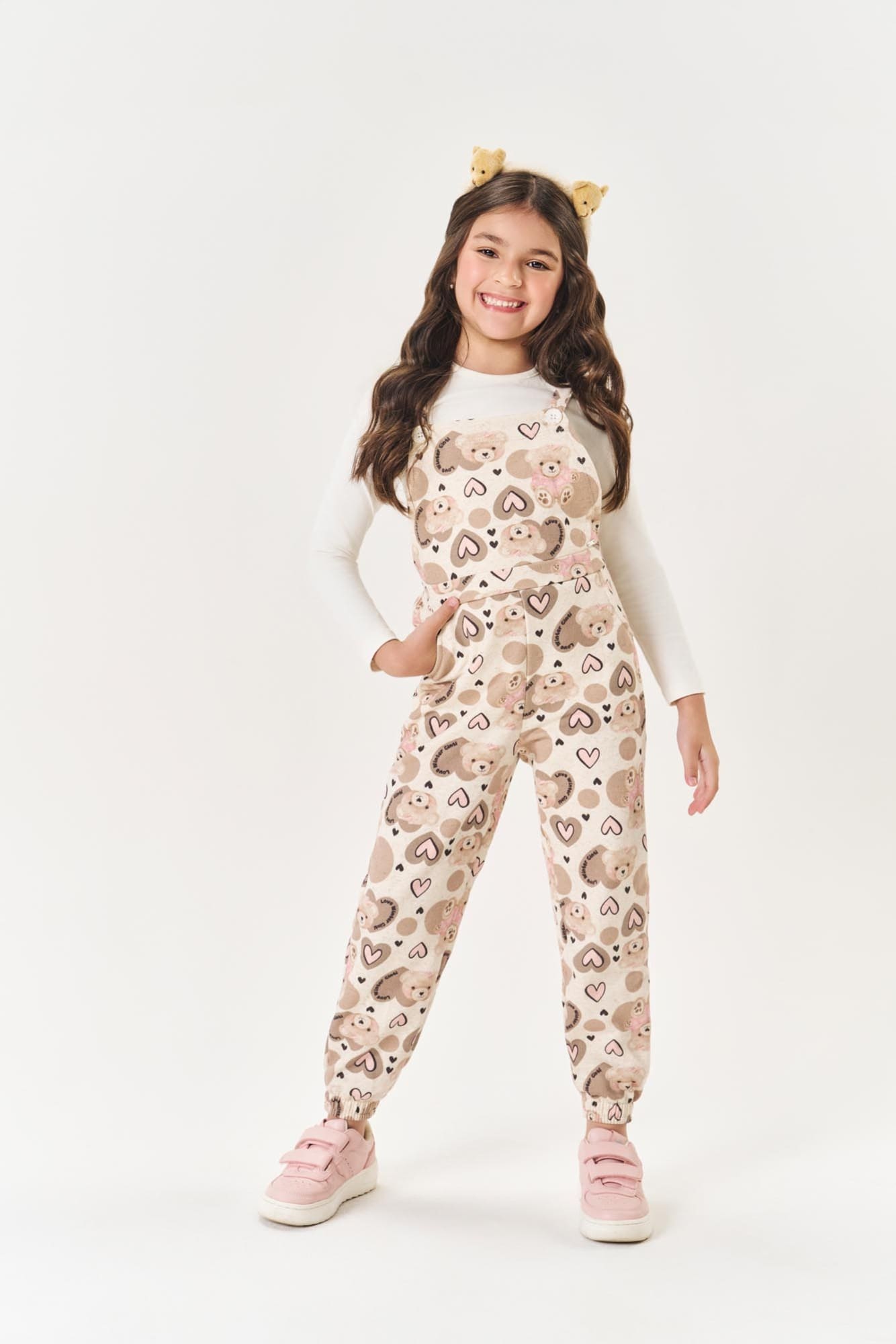 Jardineira Infantil Cinti Inverno Ursinhos e Blusa Manga Longa Branca