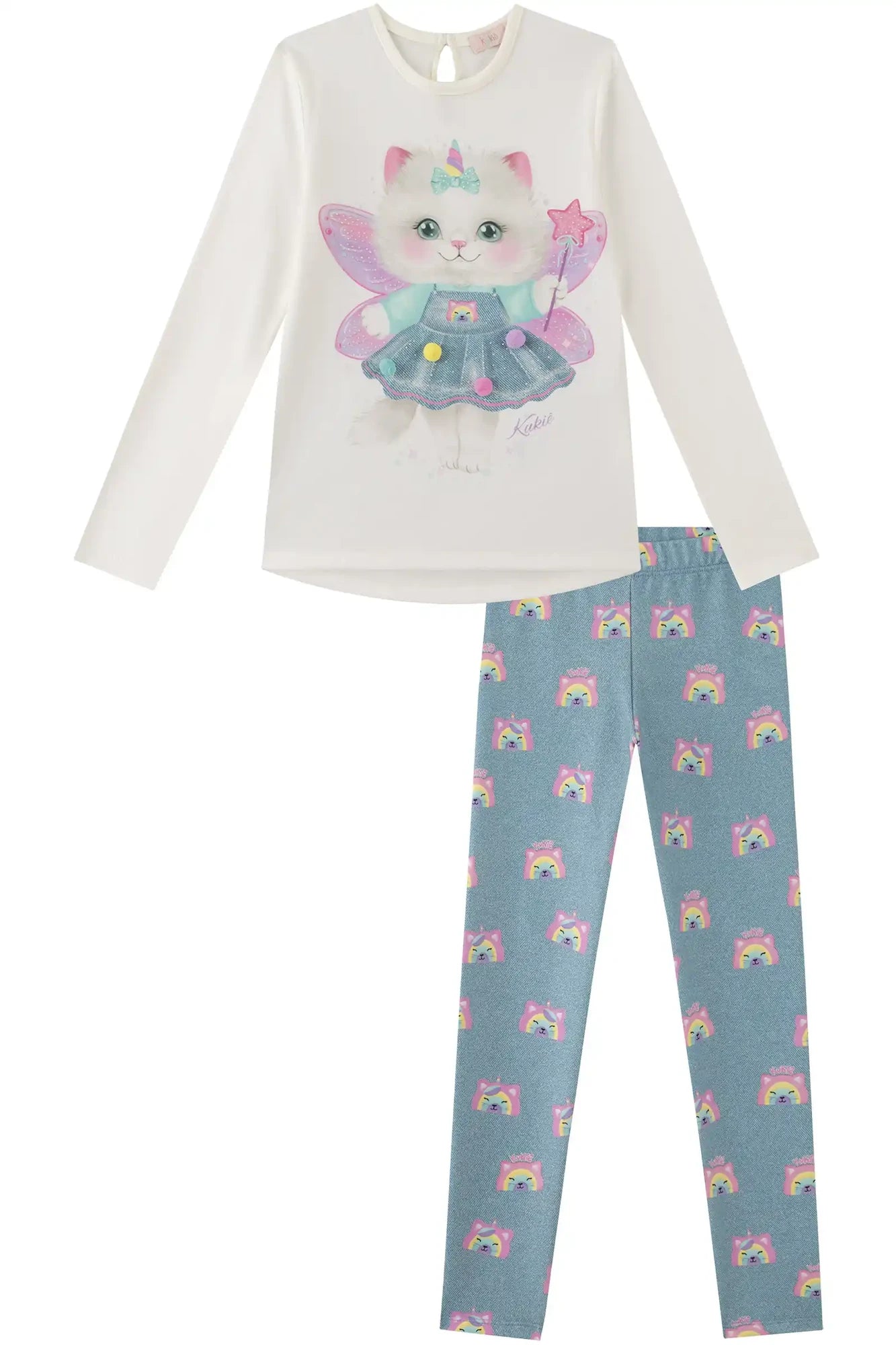Conjunto Infantil Kukiê Inverno com Calça Legging Azule Blusa Manga Longa Gatinha Fada