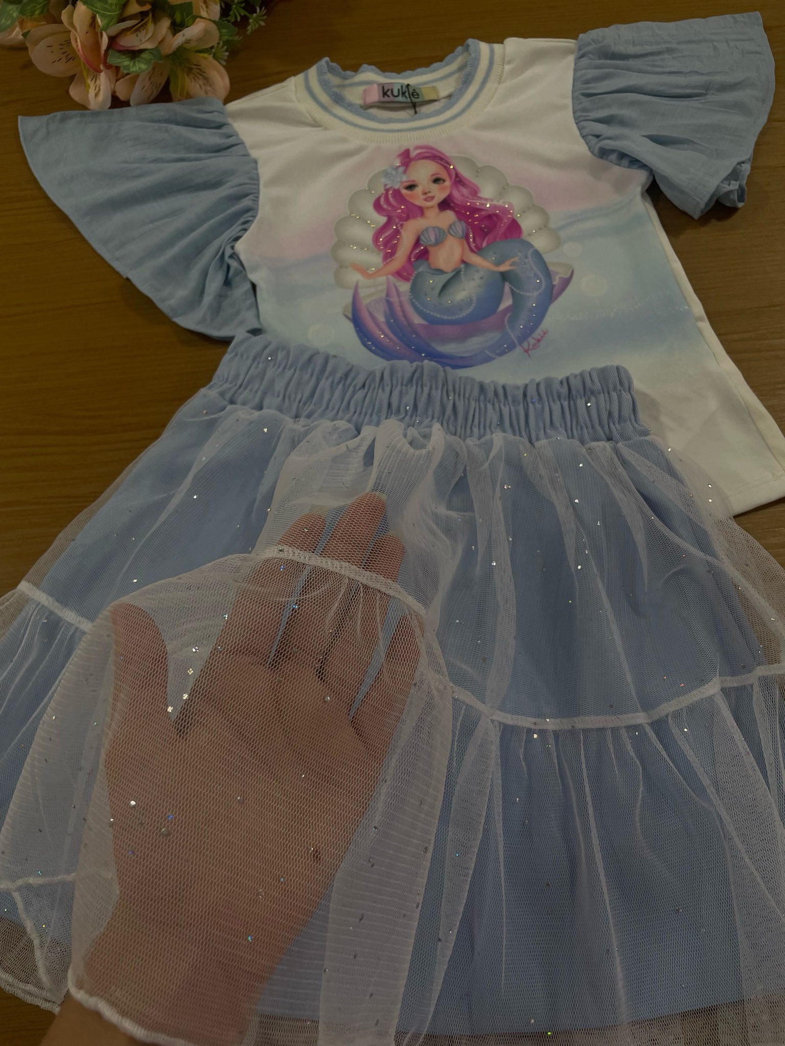 Conjunto Infantil Kukie Inverno Tropical Saia Tule e Blusa Curta Sereia Azul