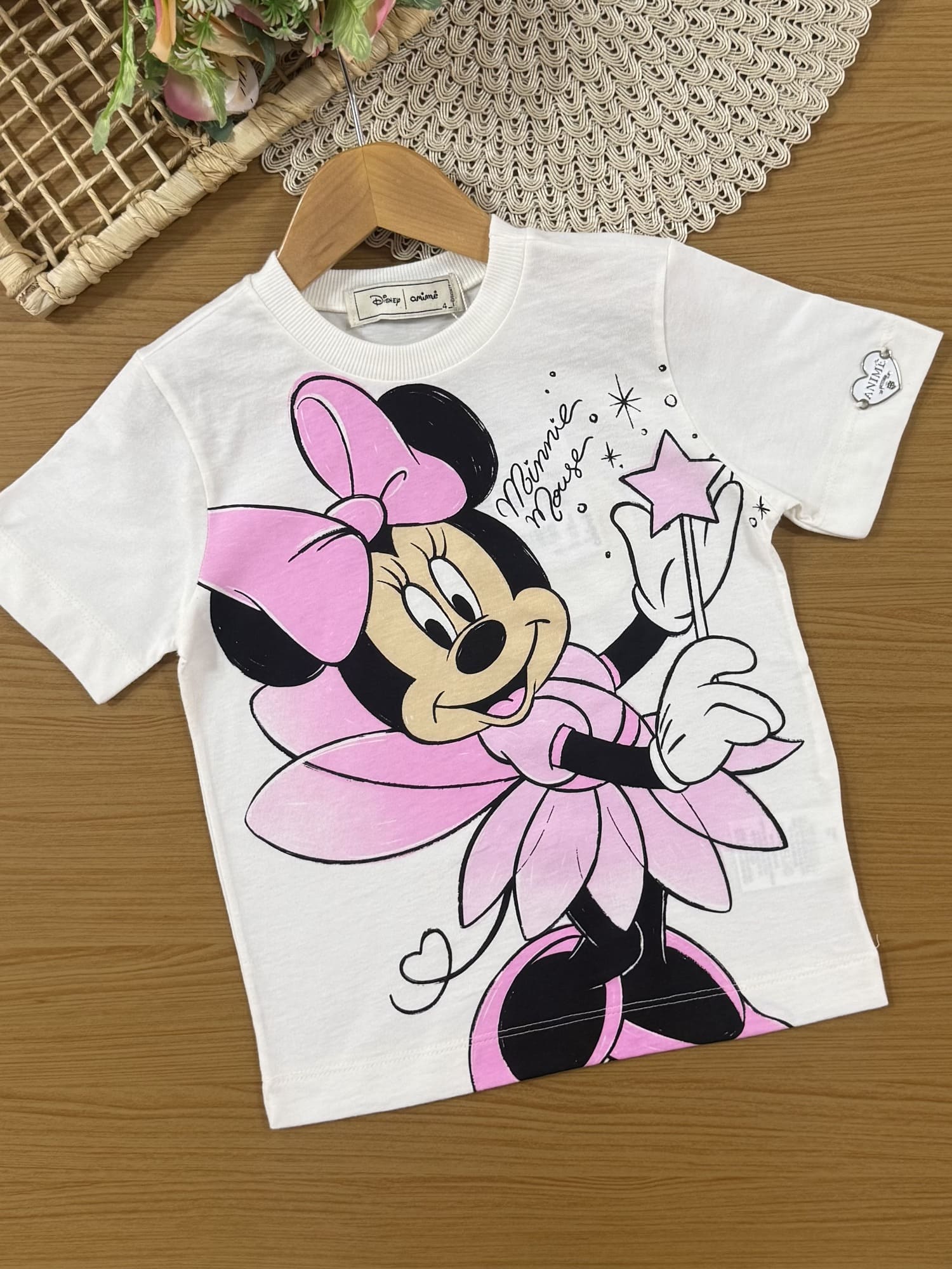 Conjunto Infantil Animê Verão com Saia Balone Rosa e Blusa Branca Minnie Fadinha Disney