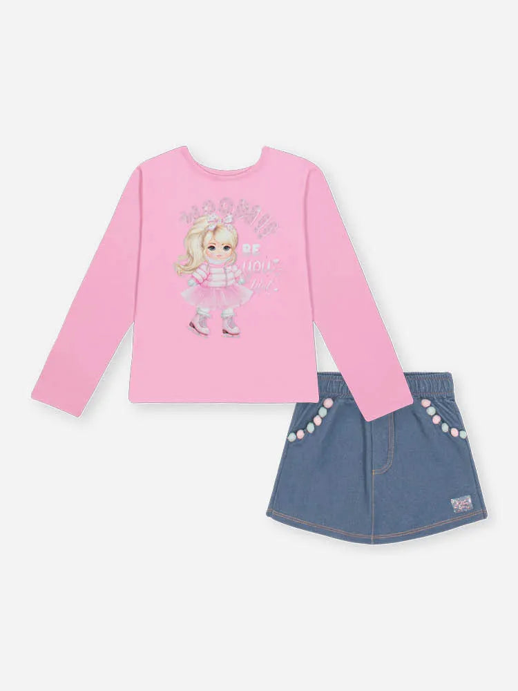 Conjunto Infantil Cinti Inverno Com Shorts Cinza e Blusa Manga Longa Rosa Unicórnio