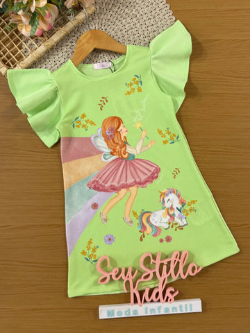 Vestido Infantil Kukiê Verde Fadinha Arco-íris