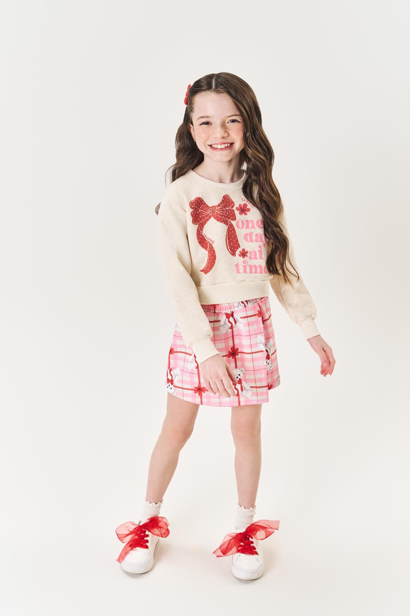 Conjunto Infantil Cinti Inverno Shorts Saia e Moletom Flanelado Laço