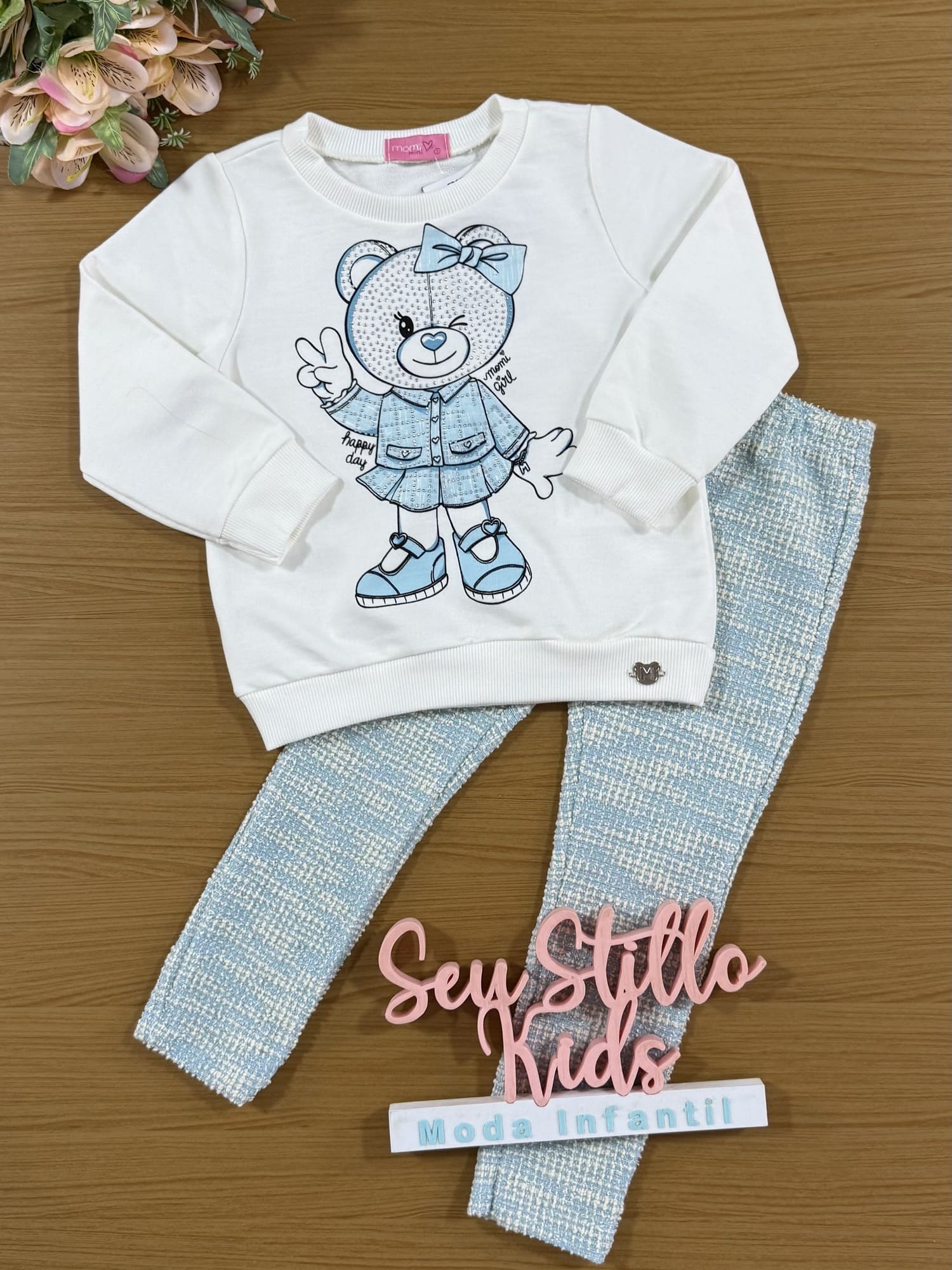 Conjunto Infantil Momi Inverno com Calça e Casaco Branco Ursinho com Strass