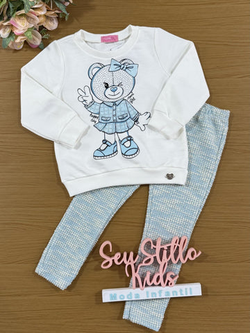 Conjunto Infantil Momi Inverno com Calça e Casaco Branco Ursinho com Strass