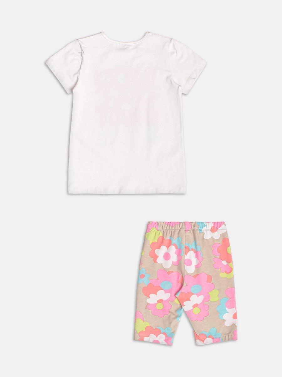 Conjunto Infantil Momi Verão com Shorts Ciclista Bege e Blusa Branca Florzinha com Strass