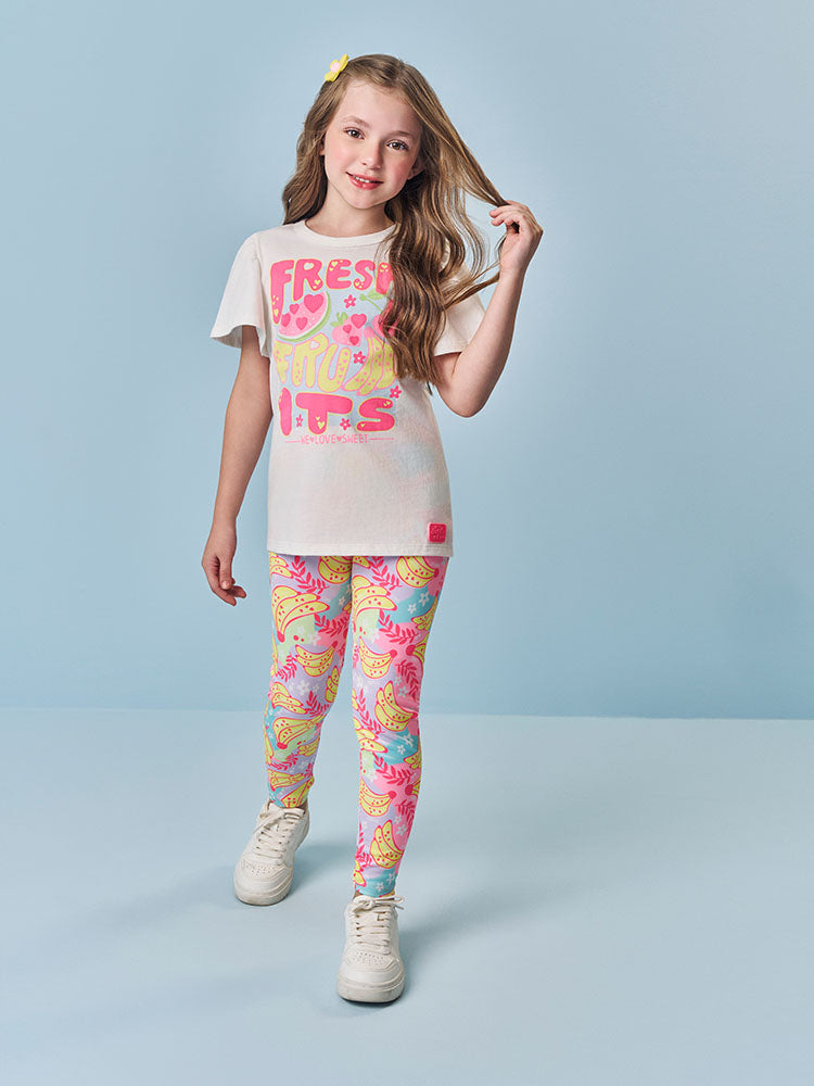 Conjunto Infantil Cinti Verão com Calça Legging Colorida e Blusa Branca Frutinhas Fresh