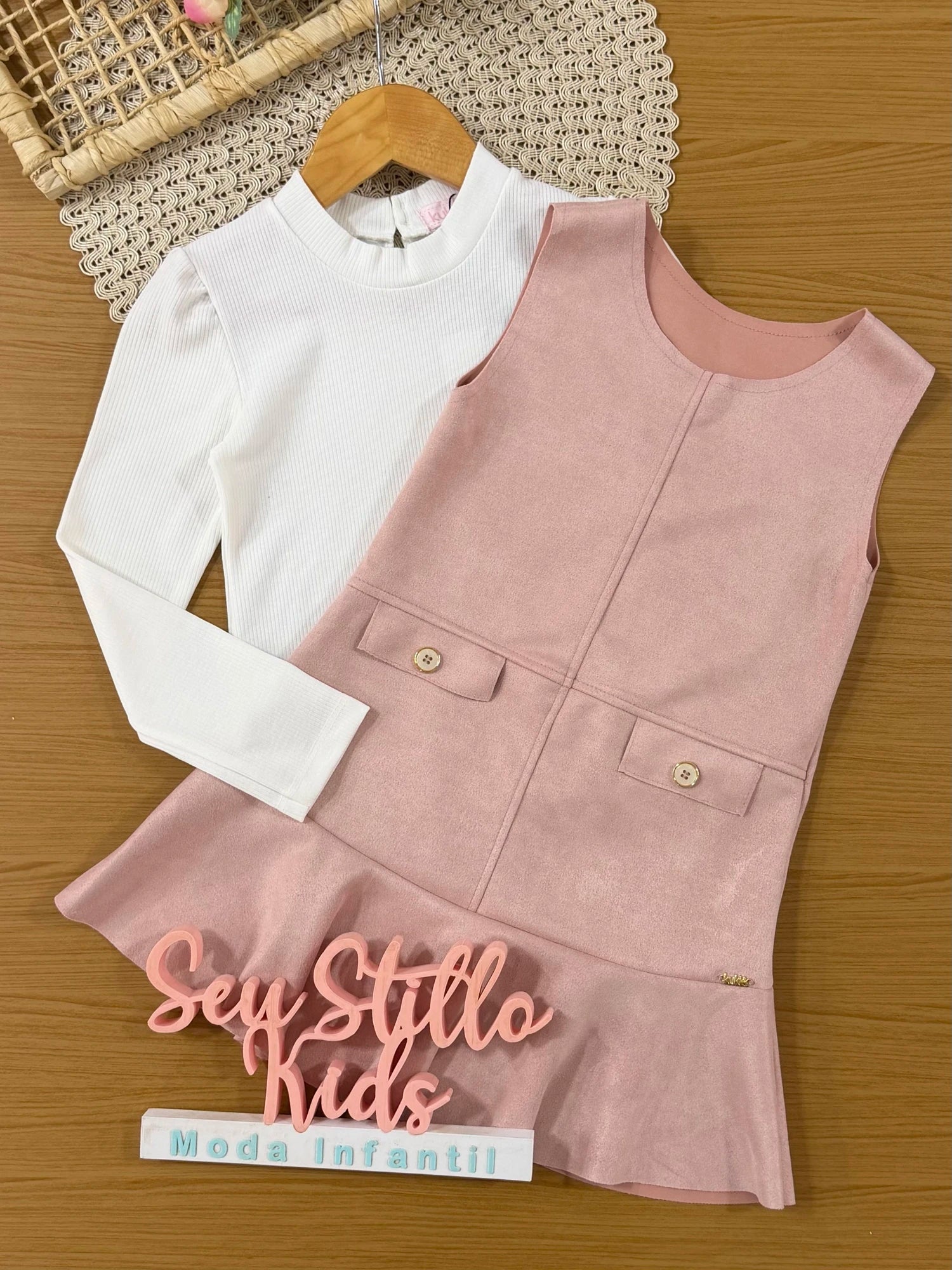 Vestido Infantil Kukiê Inverno Rosa com Blusa Manga Longa