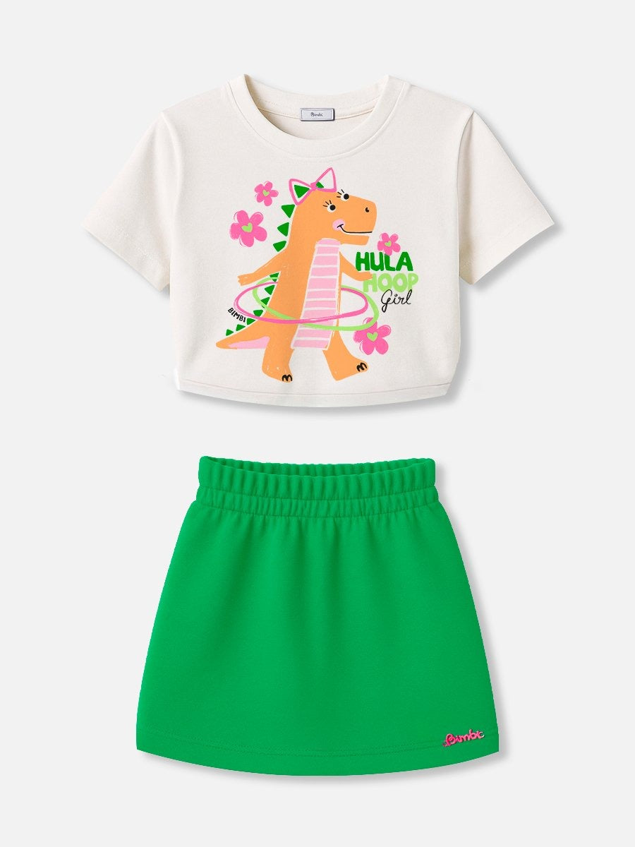 Conjunto Infantil Bimbi Verão com Shorts Saia Verde e Blusa Branca Dino