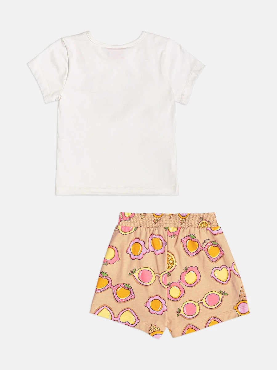 Conjunto Infantil Menina Momi com Shorts Saia Bege e Blusa Óculos