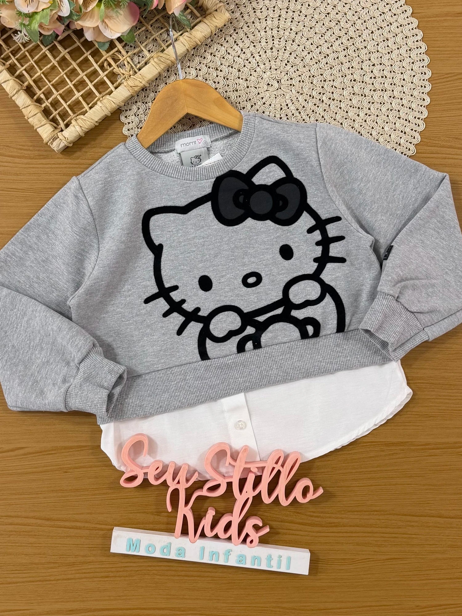 Moletom Infantil Momi Inverno sem Flanela Cinza Hello Kitty