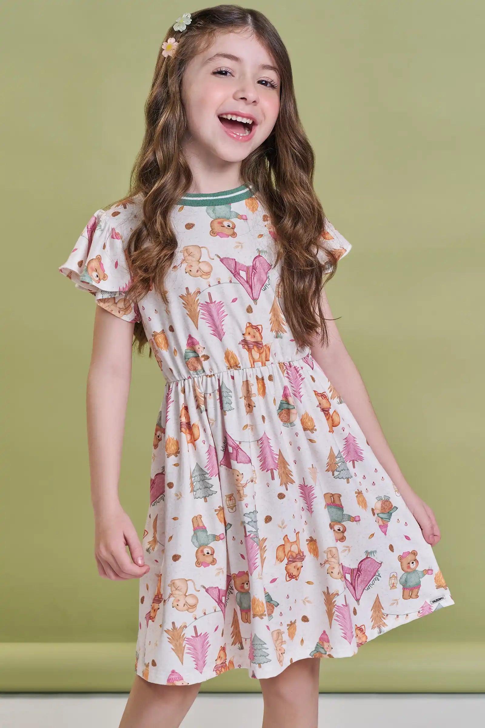 Vestido Infantil Kukiê Inverno Off White Animais na Floresta