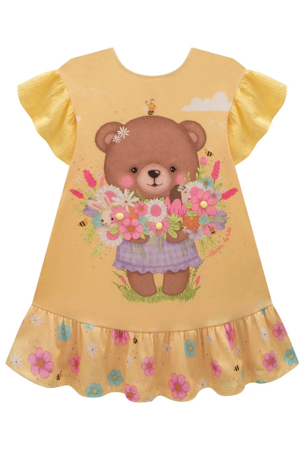 Vestido Infantil Kukie Verão Amarelo Ursinha Flores