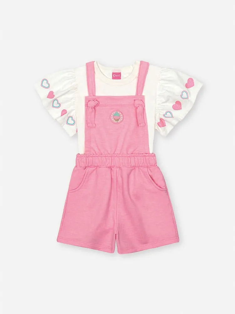 Jardineira Infantil Menina Cinti Rosa com Blusa Branca Corações
