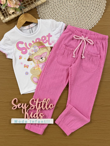Conjunto Infantil Kukiê Verão com Calça Rosa e Blusa Branca Ursinha Sweet