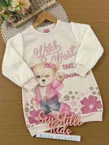 Vestido Infantil Cinti Inverno Off White Ursinha com Strass