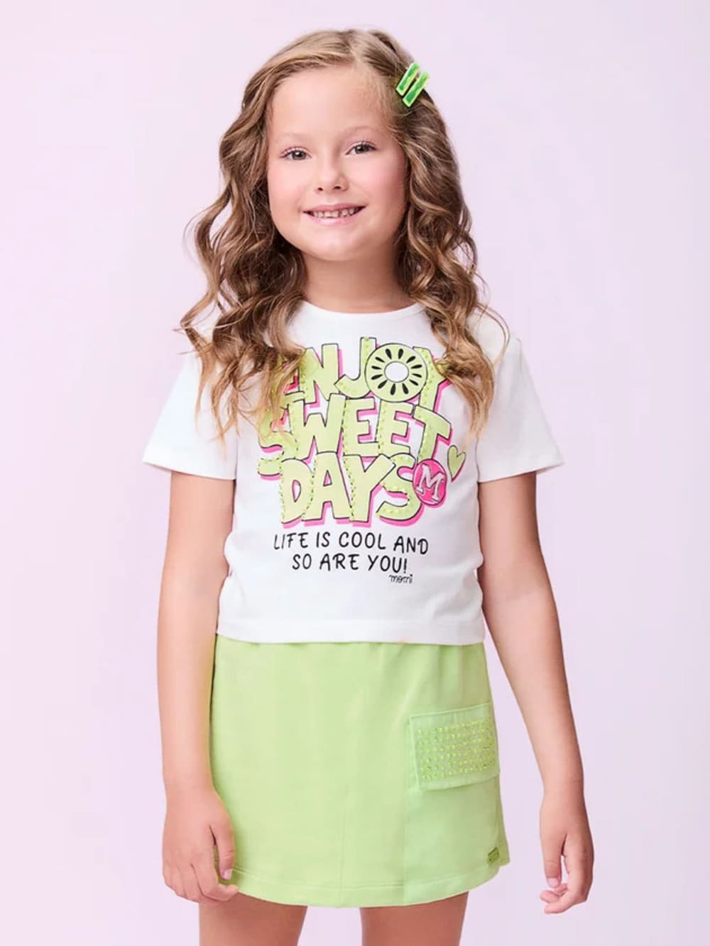 Conjunto Infantil Momi Verão Shorts Saia Verde e Blusa Enjoy