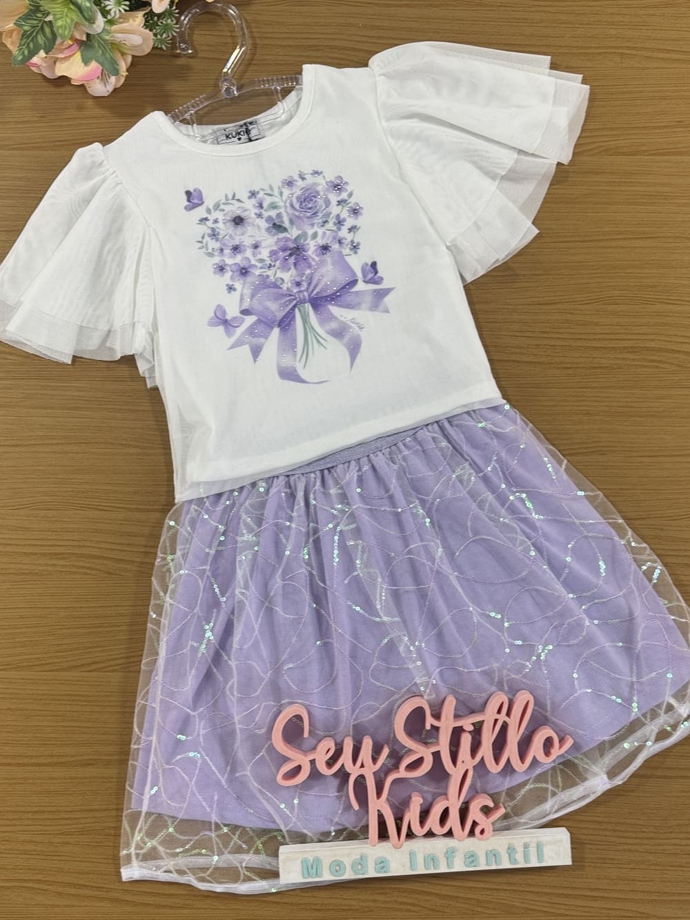 Conjunto Infantil Kukie Verão Saia Tule Lilás e Blusa Tule Laço