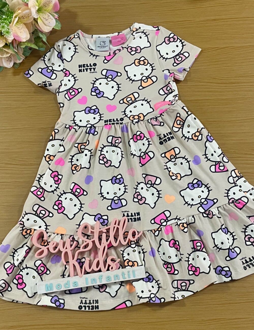 Vestido Infantil Momi Verão Bege Hello Kitty