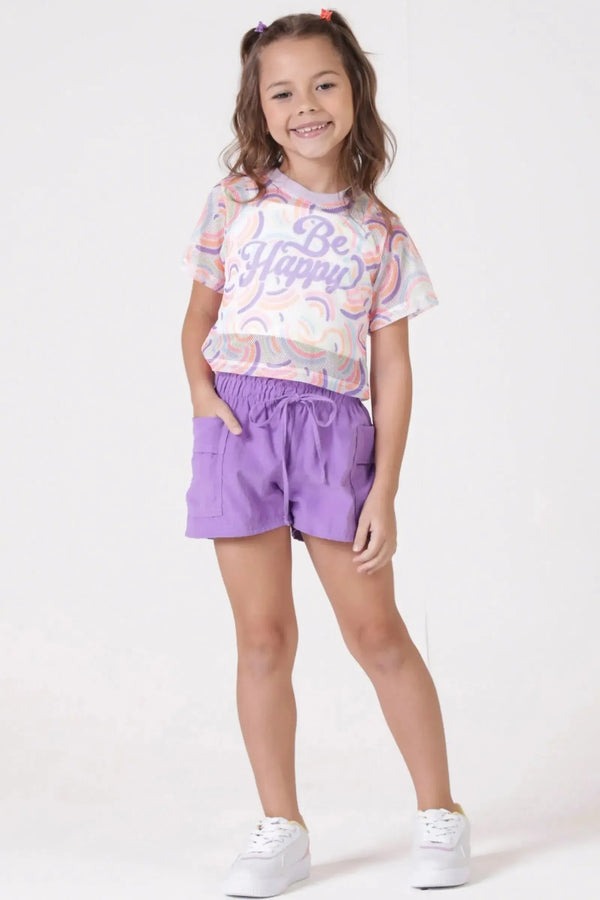 Conjunto Infantil Kukiê Verão com Shorts Roxo, Top e Sobreposição em Tela Arco-íris
