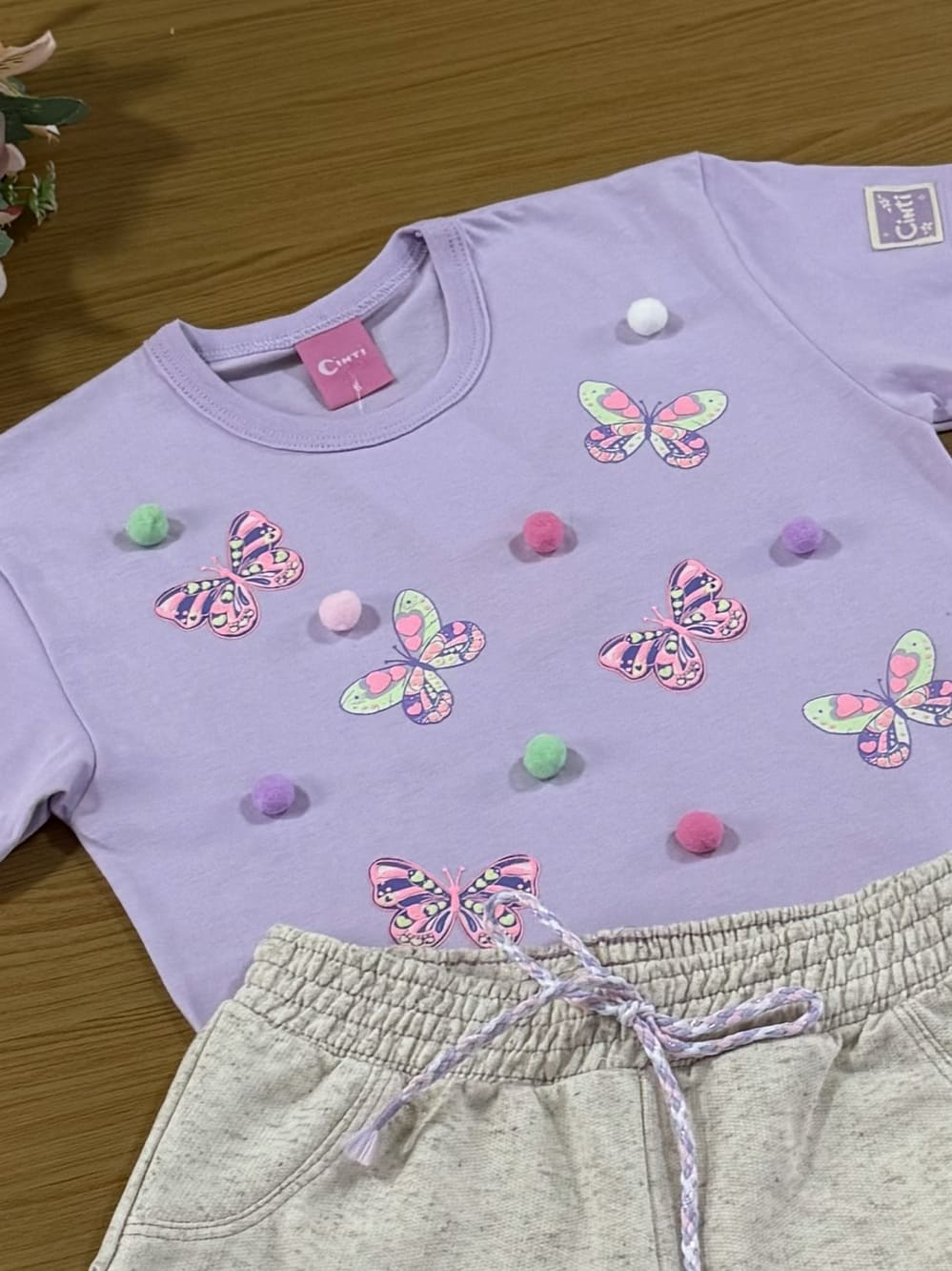 Conjunto Infantil Cinti Verão Shorts e Blusa Lilás Borboleta