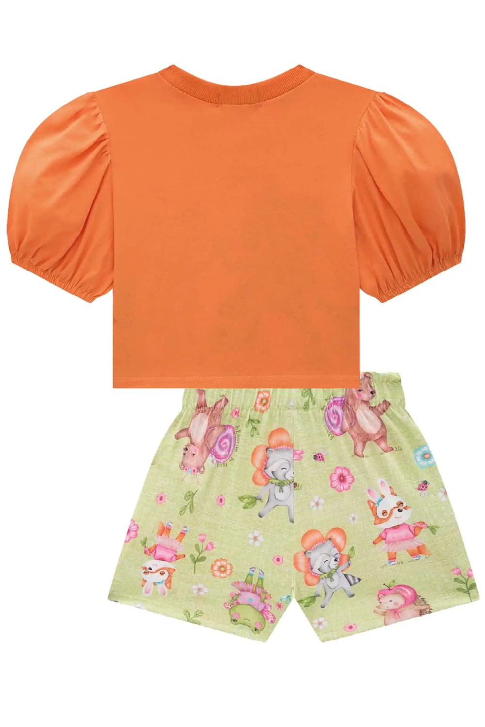 Conjunto Infantil Kukie Verão Shorts Verde e Blusa Laranja Amiguinhos