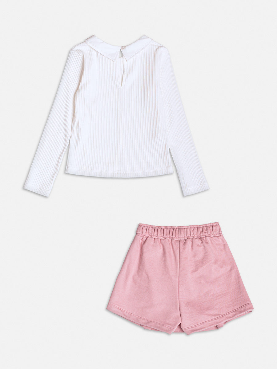 Conjunto Infantil Momi Inverno com Shorts Saia Rosa e Blusa Manga Longa Branca Lacinho