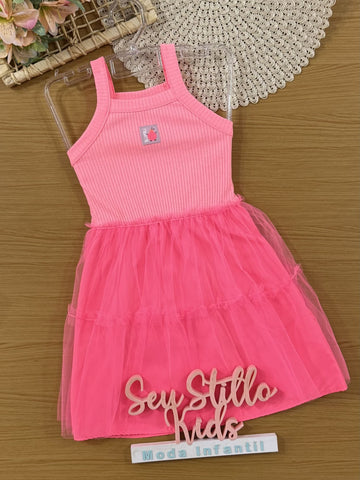 Vestido Infantil Bimbi Verão Rosa com Tule Joaninha