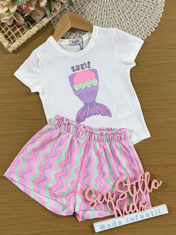 Conjunto Infantil Kukiê com Shorts Colorido e Blusa Manga Curta Sereia