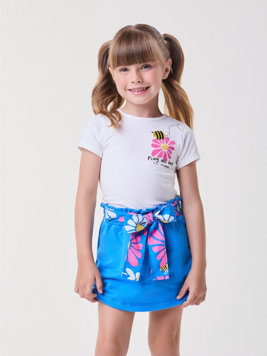 Conjunto Infantil Bimbi Verão Shorts Saia Azul com Laço e Blusa Branca Abelhinha Floral