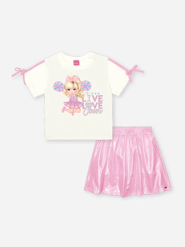 Conjunto Infantil Cinti Verão com Saia Rosa Holografica e Blusa Líder de Torcida