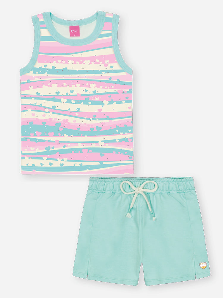Conjunto Infantil Cinti Verão com Shorts Azul e Blusa Listrada Corações