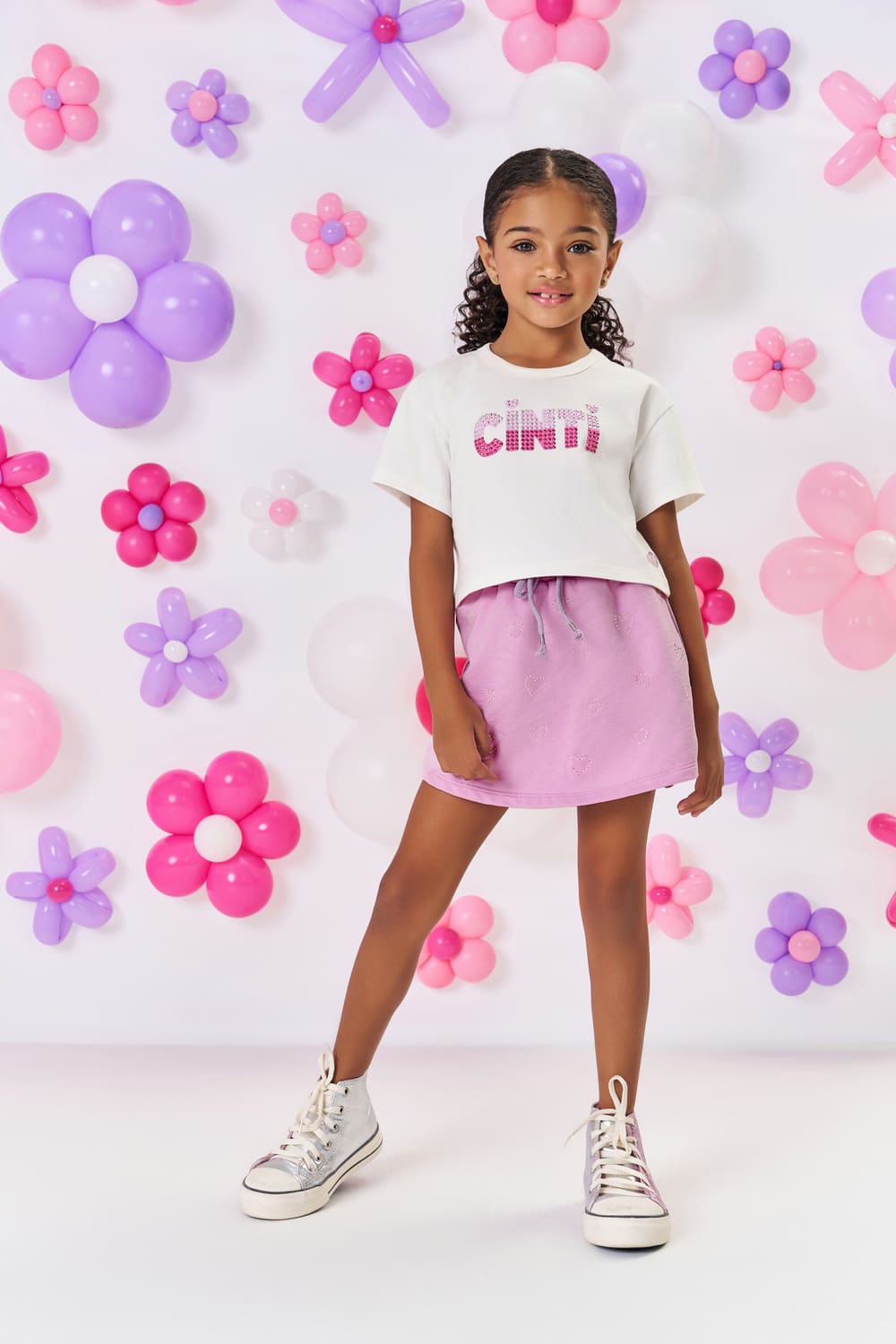 Shorts Saia Infantil Cinti Verão Lilás Corações