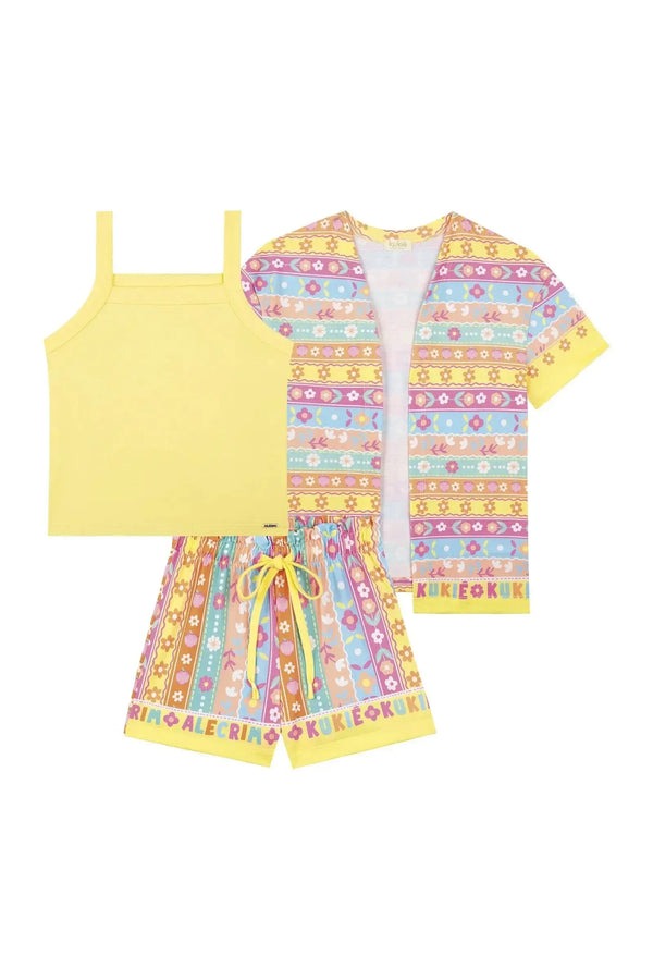 Conjunto Infantil Kukiê Verão com Shorts, Regata e Kimono Amarelo Floral