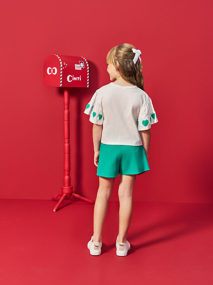 Conjunto Infantil Cinti Verão Shorts Verde com Brilho e Blusa Branca Corações