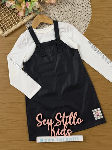 Conjunto Infantil Cinti Inverno Salopete Preta Courino e Blusa Manga Longa Branca