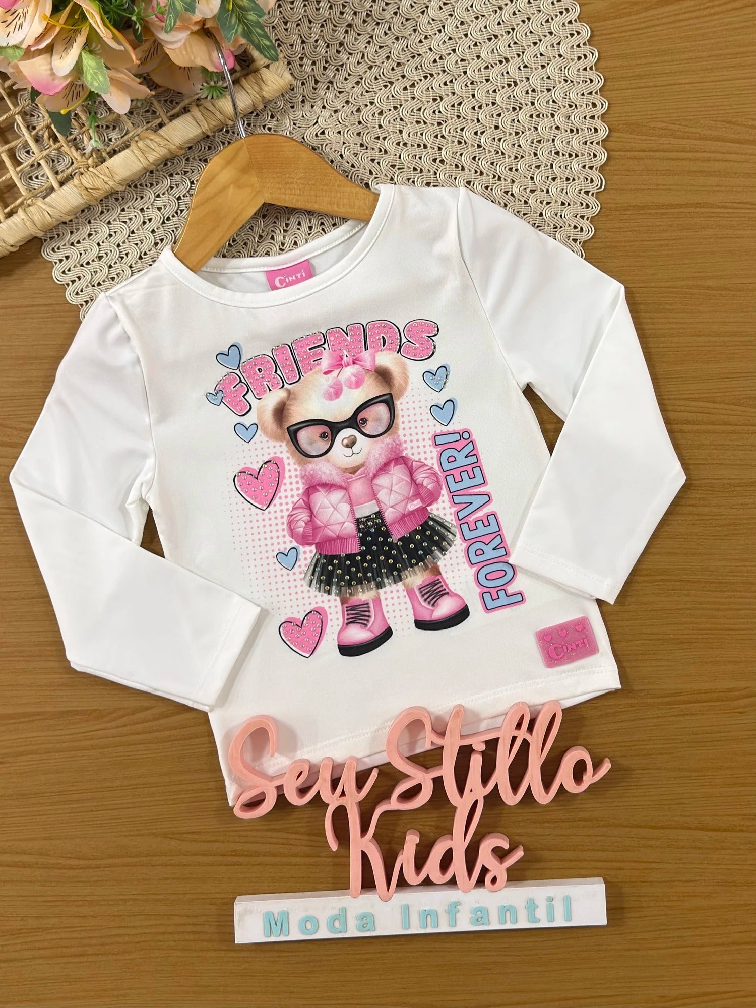 Blusa Infantil Cinti Inverno Manga Longa Térmica Branca Ursinha Friends Forever