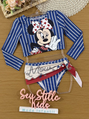 Biquíni Infantil Animê Verão com Blusa Manga Longa Azul Minnie Disney