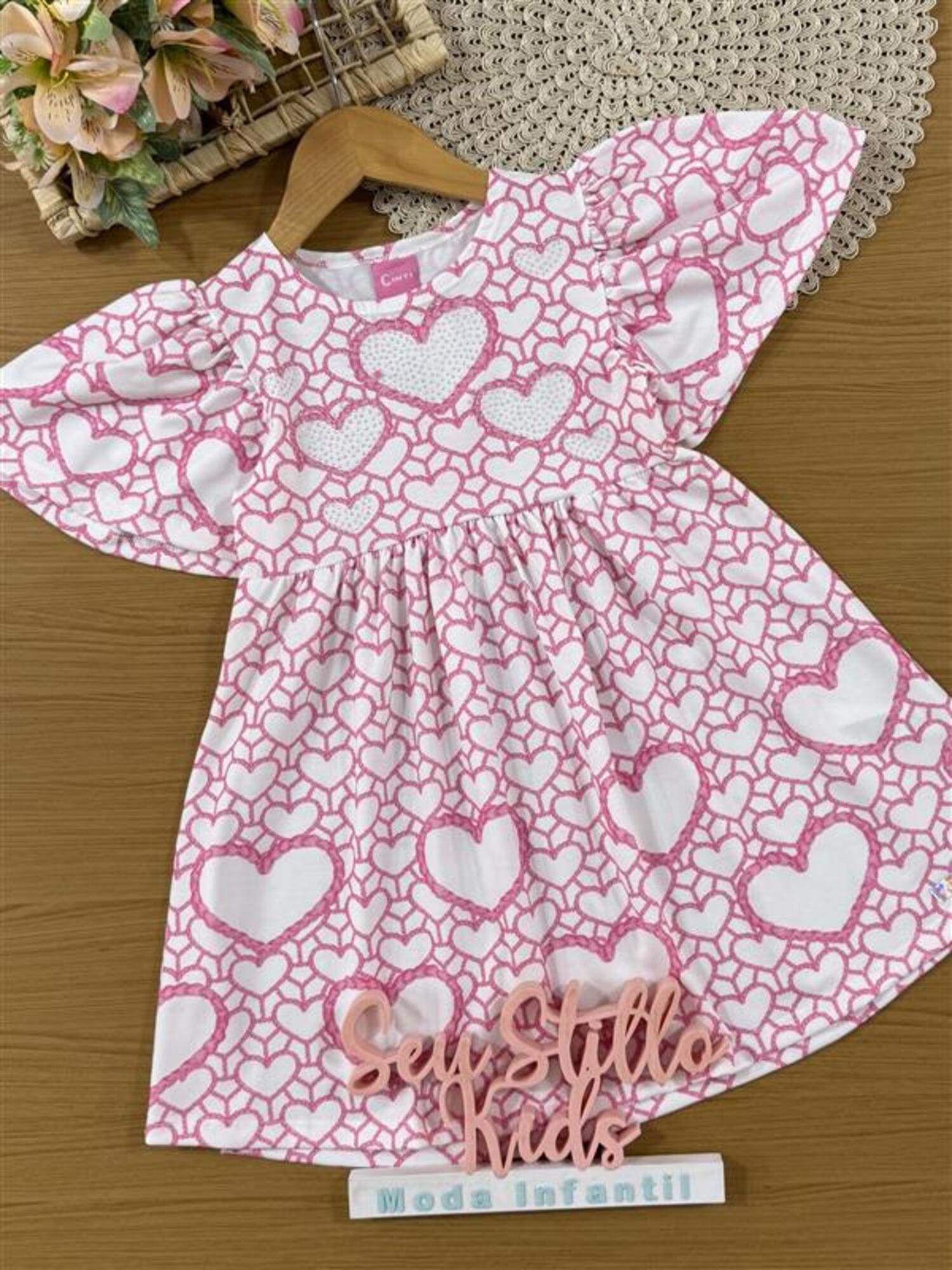 Vestido Infantill Cinti Verão Branco Corações com Strass