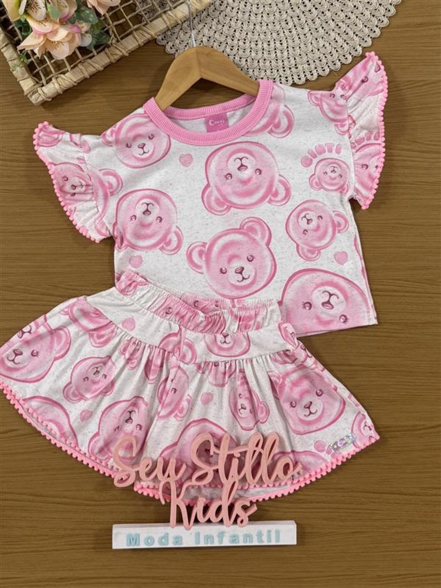 Conjunto Infantil Cinti Verão com Shorts e Blusa Rosa Ursinhas