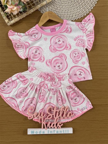 Conjunto Infantil Cinti Verão com Shorts e Blusa Rosa Ursinhas