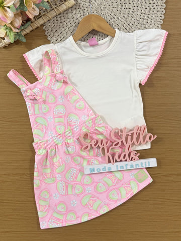 Salopete Infantil Cinti Verão Rosa Floral com Blusa Branca