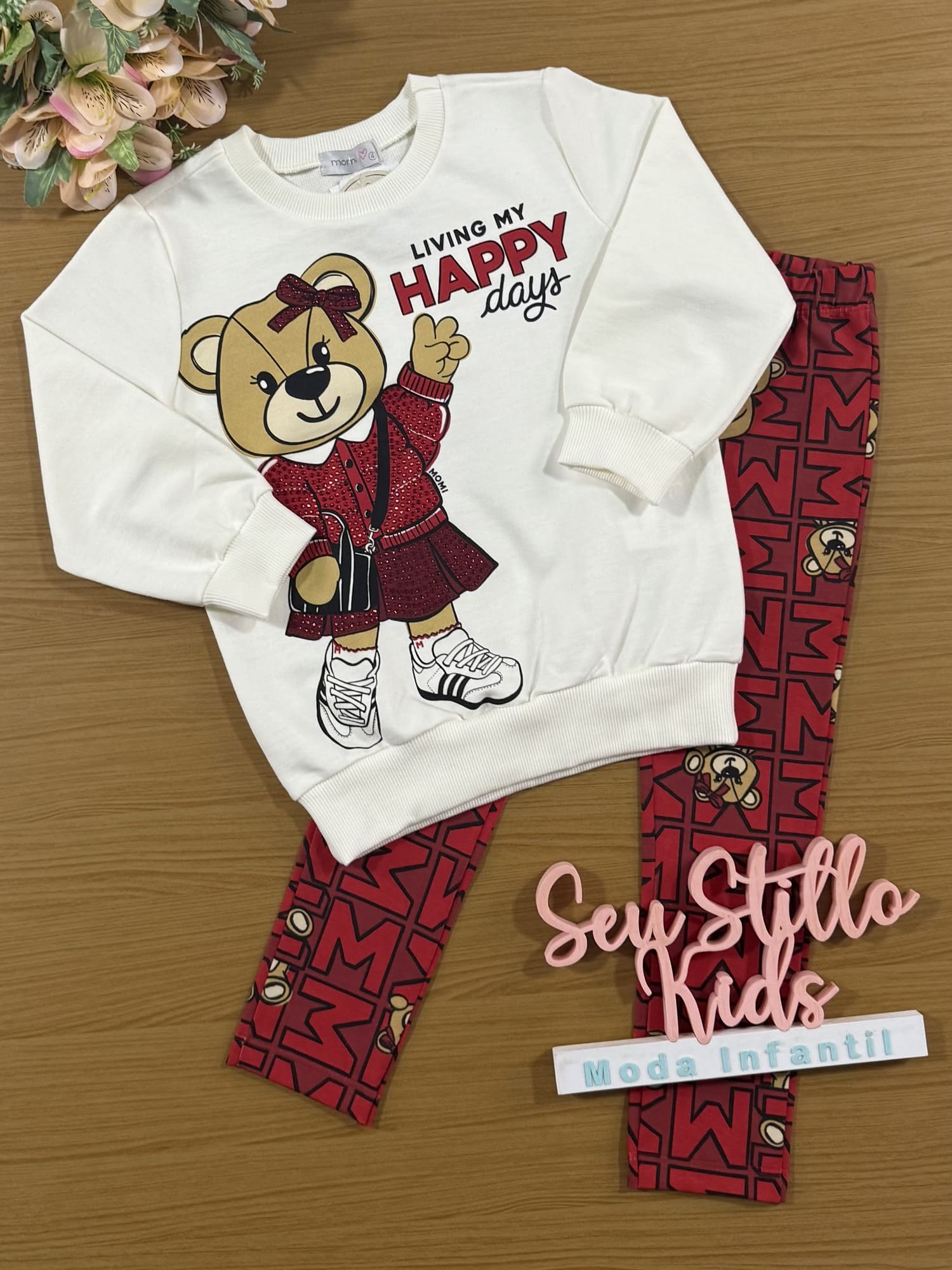 Conjunto Infantil Momi Inverno com Calça e Casaco Branco Ursinha Happy com Strass
