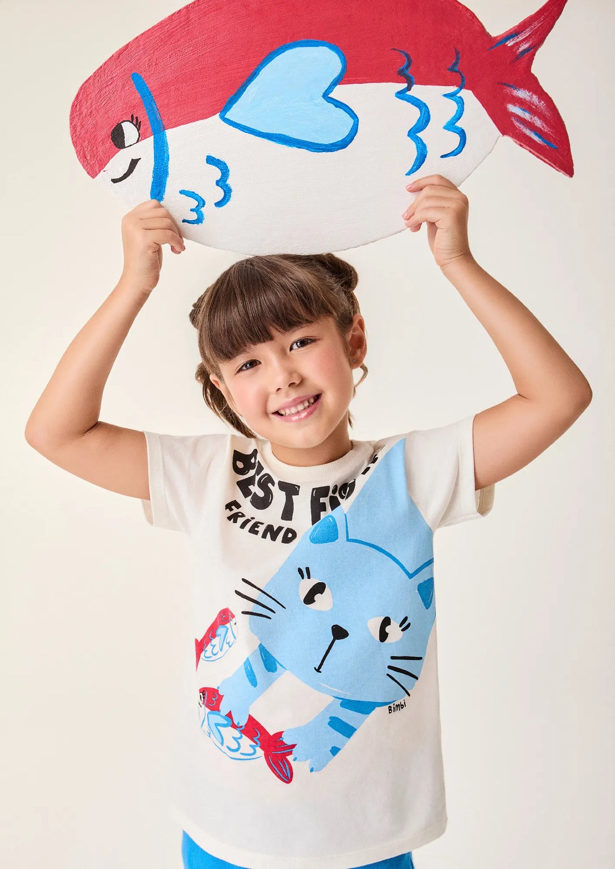 Conjunto Infantil Menina Bimbi Shorts Ciclista Azul e Blusa Cat and Fish