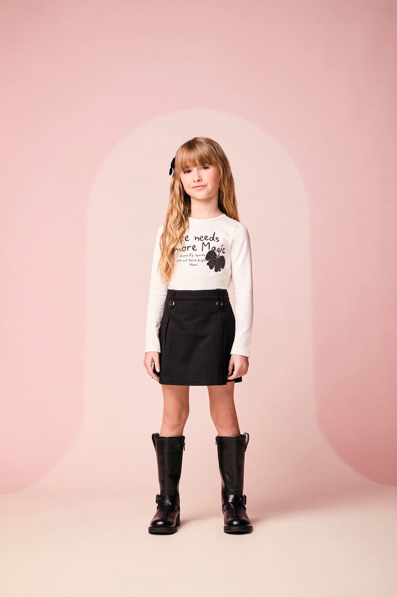 Conjunto Infantil Momi Inverno Shorts Saia Preto e Blusa Manga Longa Lacinho