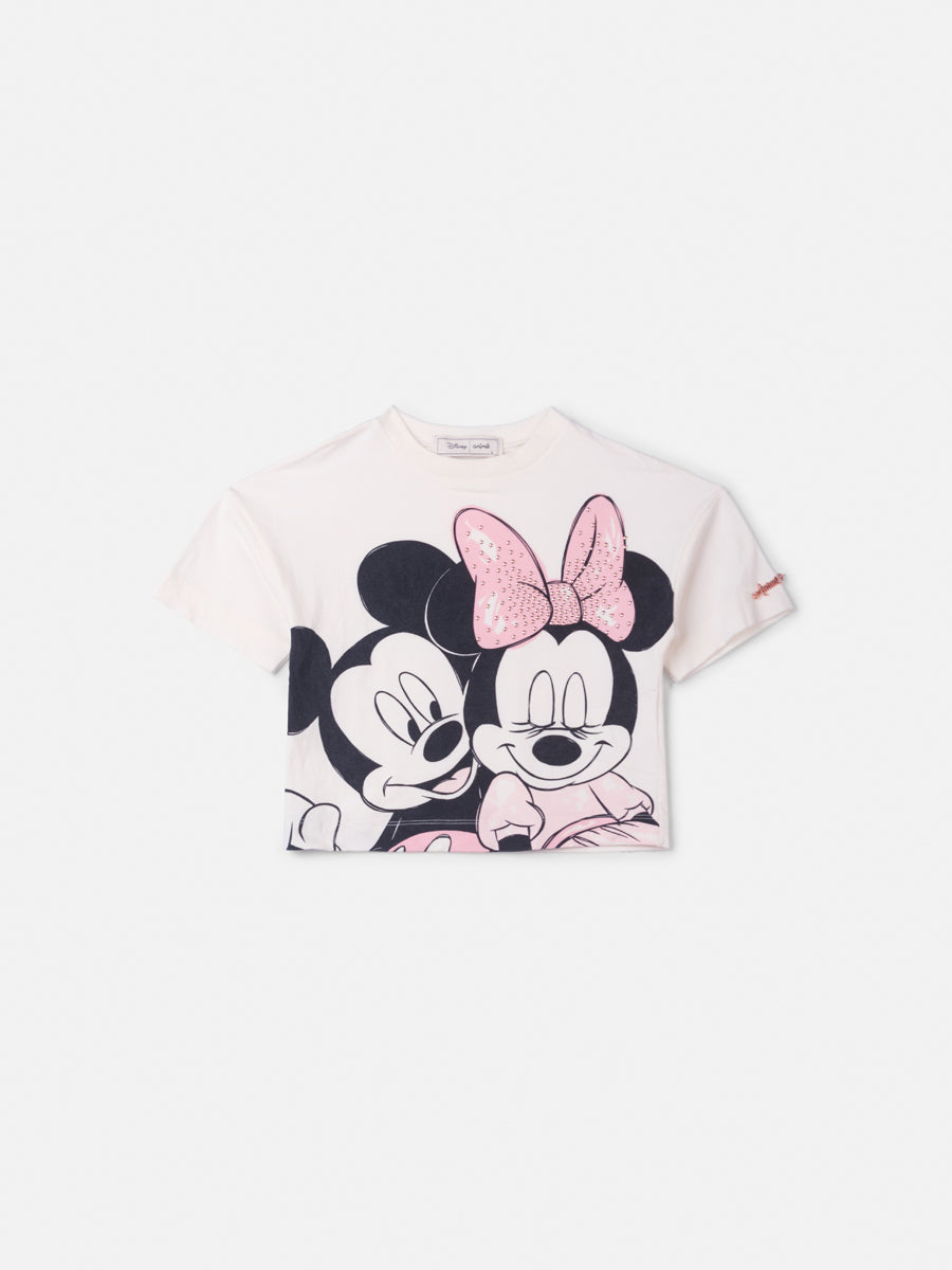 Blusa Infantil Animê Inverno Branca Mickey e Minnie com Strass Disney