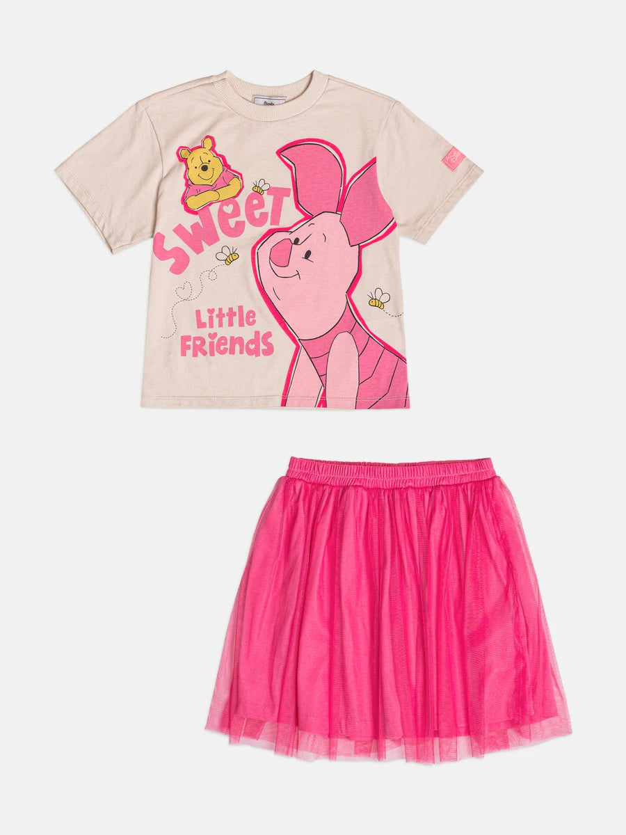 Conjunto Infantil Bimbi Inveno com Saia Rosa e Blusa Manga Curta Pooh e Leitão Disney
