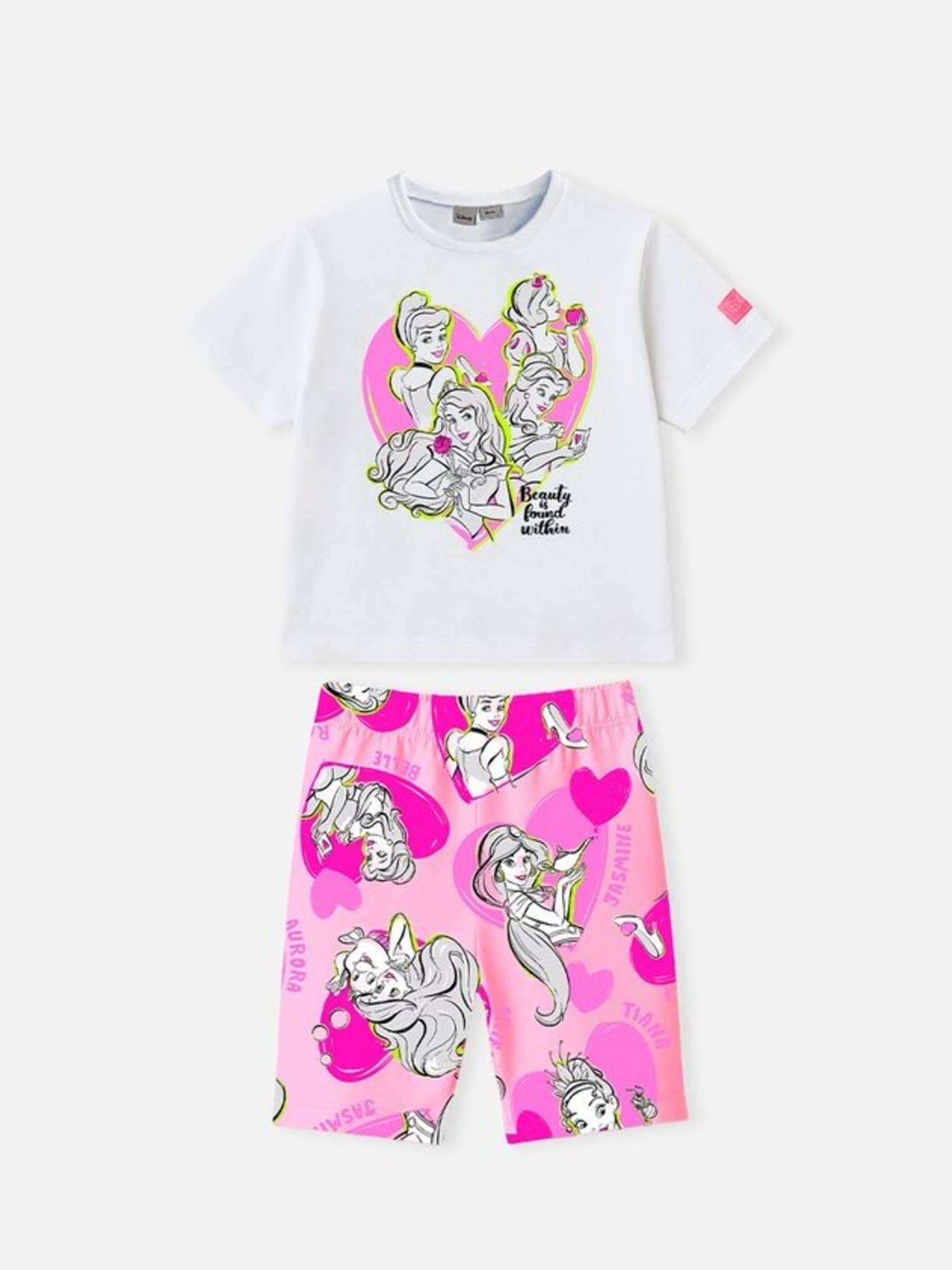 Conjunto Infantil Bimbi Verão com Shorts Ciclista Rosa e Blusa Branca Princesas Disney