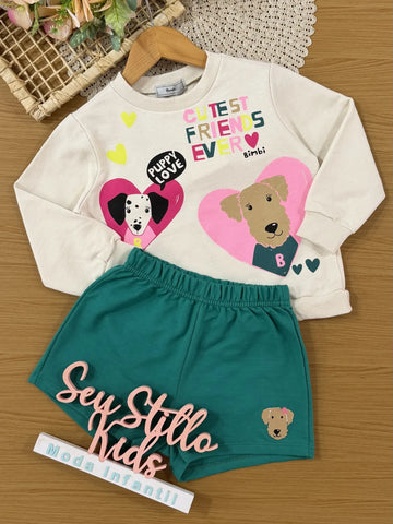 Conjunto Infantil Bimbi Inverno com Shorts Verde e Moletom Sem Flanela Bege Dog Love