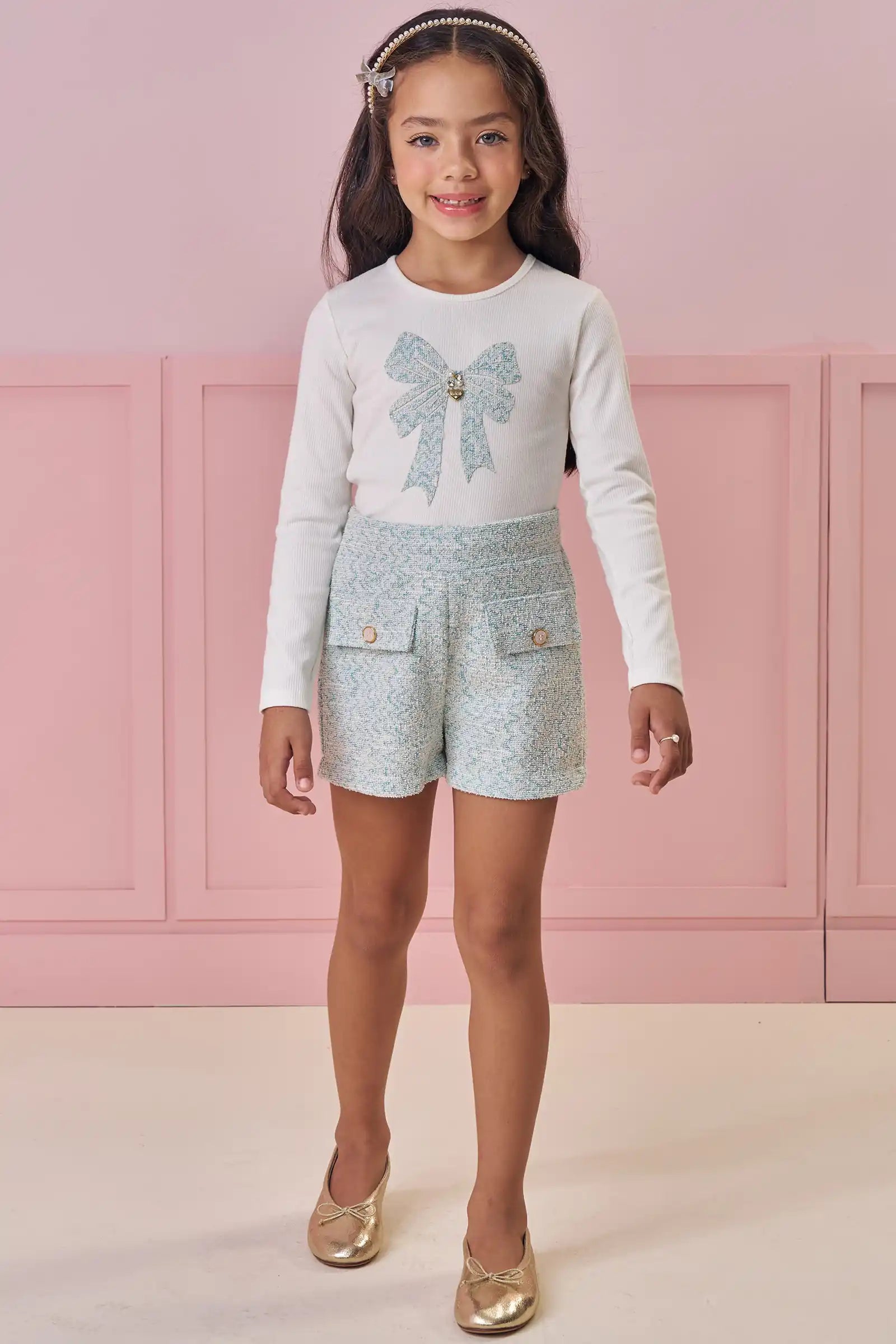 Conjunto Infantil Kukiê Inverno com Shorts Azul e Blusa Manga Longa Lacinho